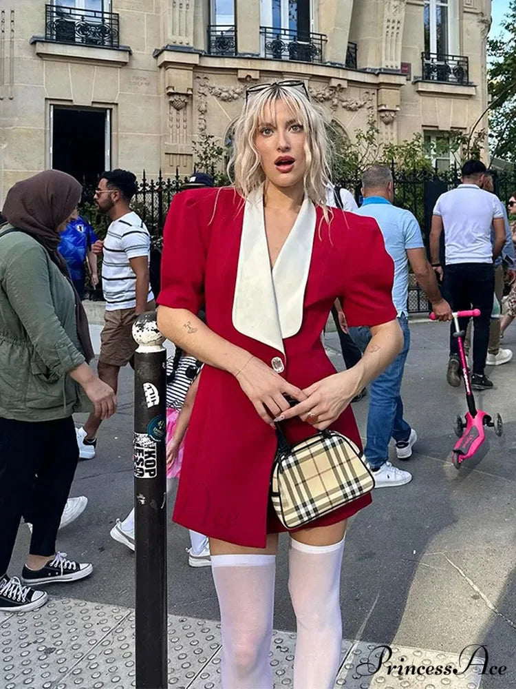 Vintage Red Contrasting Button Mini Dresses Elegant V Neck A-Line Christmas Party Dress