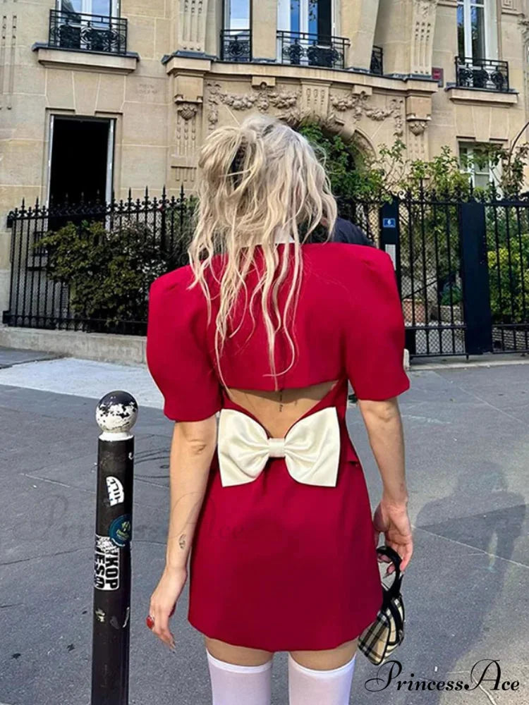 Vintage Red Contrasting Button Mini Dresses Elegant V Neck A-Line Christmas Party Dress