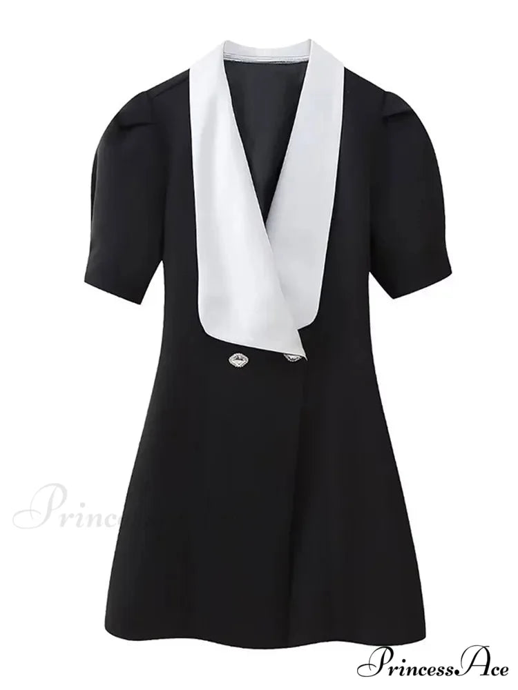 Vintage Red Contrasting Button Mini Dresses Elegant V Neck A-Line Christmas Party Dress Black / XS