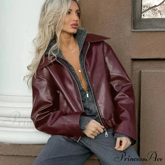 Vintage Red Leather Lapel Coat