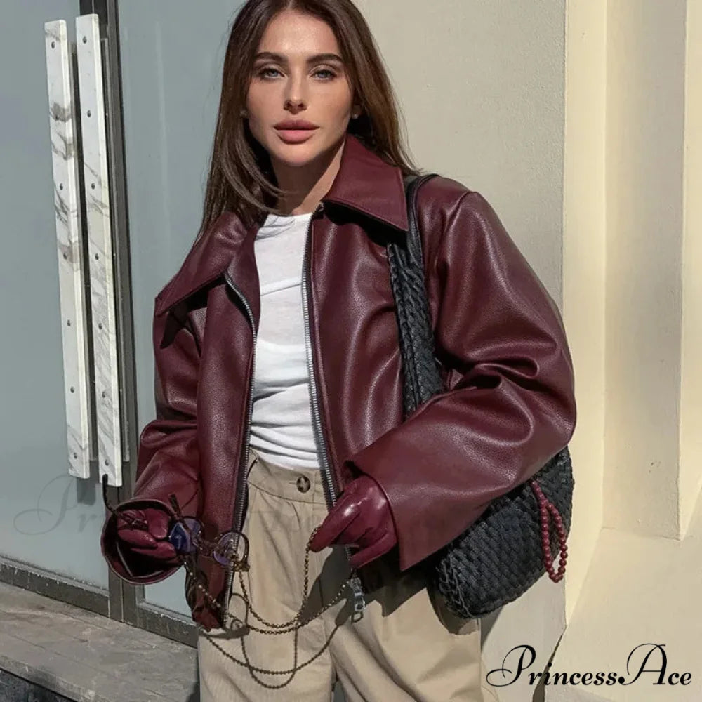 Vintage Red Leather Lapel Coat Wine Red / S