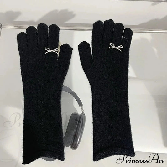 Vintage Red Wool Rabbit Full Finger Mittens for Winter Warmth Black / One Size