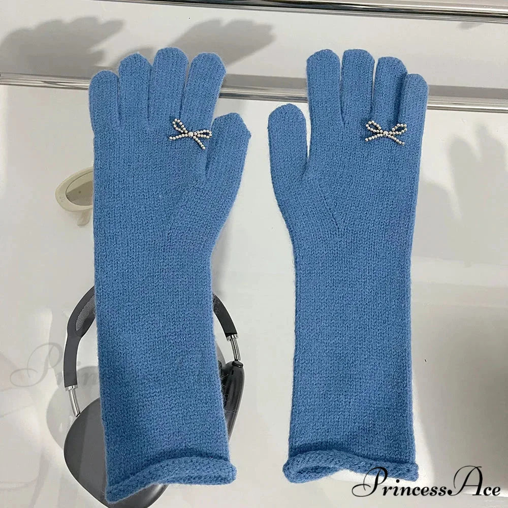 Vintage Red Wool Rabbit Full Finger Mittens for Winter Warmth Blue / One Size