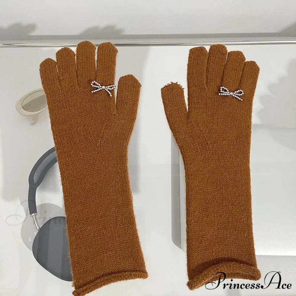 Vintage Red Wool Rabbit Full Finger Mittens for Winter Warmth Brown / One Size