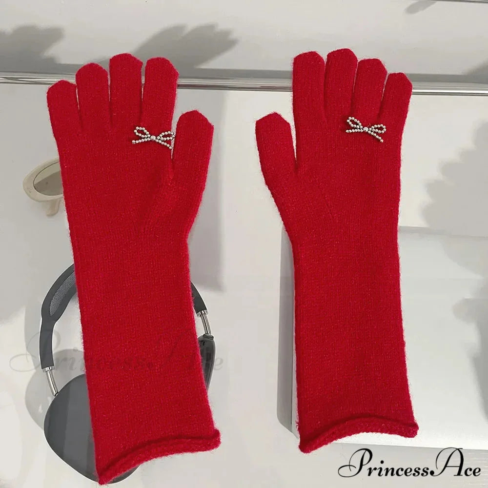 Vintage Red Wool Rabbit Full Finger Mittens for Winter Warmth Red / One Size