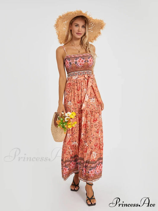 Vintage Retro Flower Swing Spaghetti Straps Cinched Long Flower Dress floraldress-250126