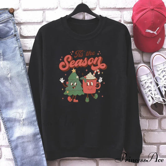 Vintage Retro Tis The Season Santa Cocoa Christmas Hoodie Black / S Christmas Hoodies-L