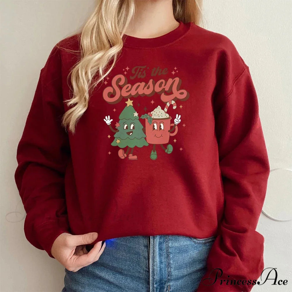 Vintage Retro Tis The Season Santa Cocoa Christmas Hoodie Burgundy / S Christmas Hoodies-L