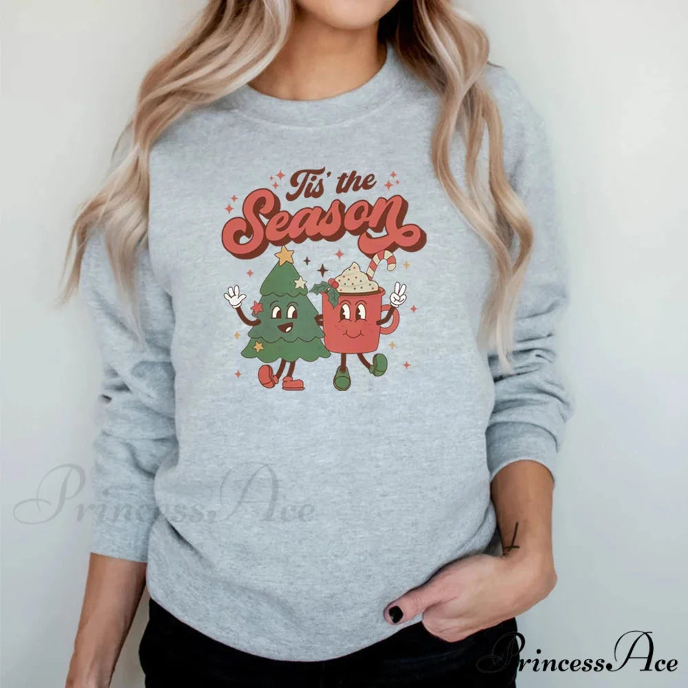 Vintage Retro Tis The Season Santa Cocoa Christmas Hoodie GRAY / S Christmas Hoodies-L