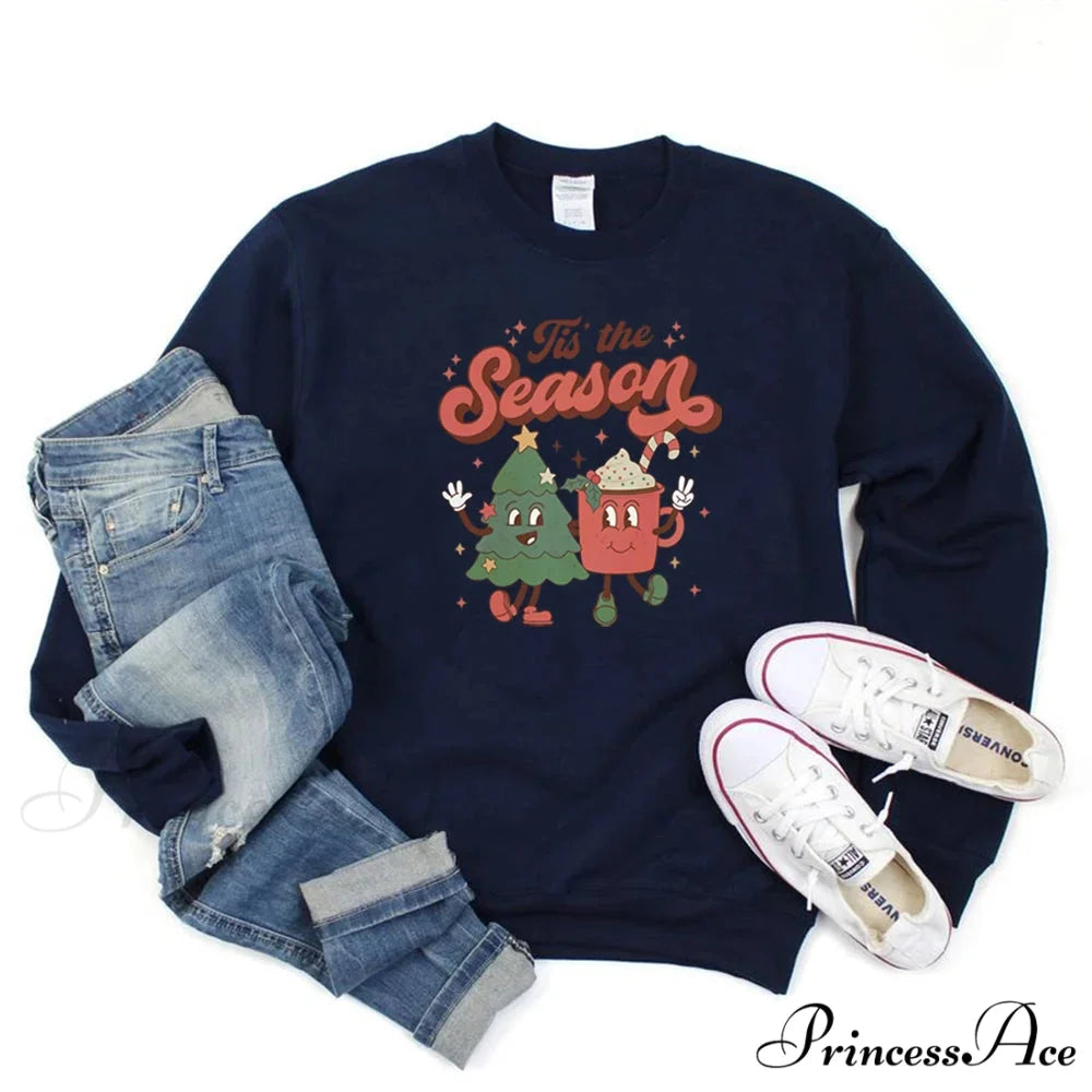 Vintage Retro Tis The Season Santa Cocoa Christmas Hoodie Navy Blue / S Christmas Hoodies-L
