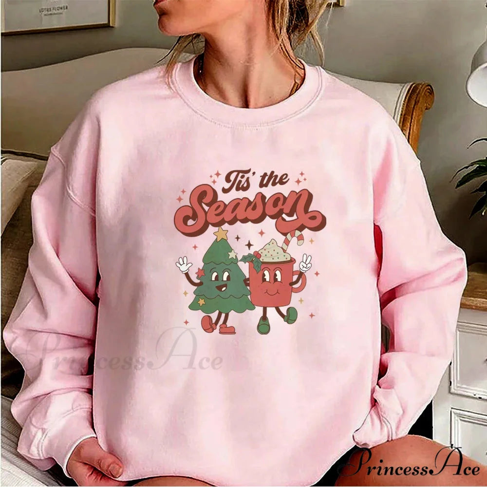 Vintage Retro Tis The Season Santa Cocoa Christmas Hoodie Pink / S Christmas Hoodies-L