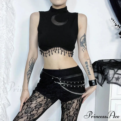 Vintage Sexy Goth Moon Lace See Through Sleeveless Crop Top