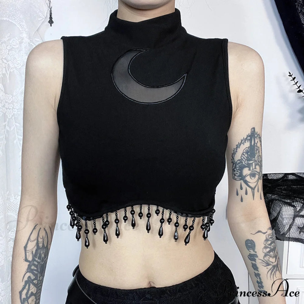 Vintage Sexy Goth Moon Lace See Through Sleeveless Crop Top Black / S