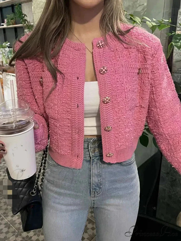 Vintage Single Buttoned Round Neck Knitted Cardigan Pink / One Size cardiagn-250126