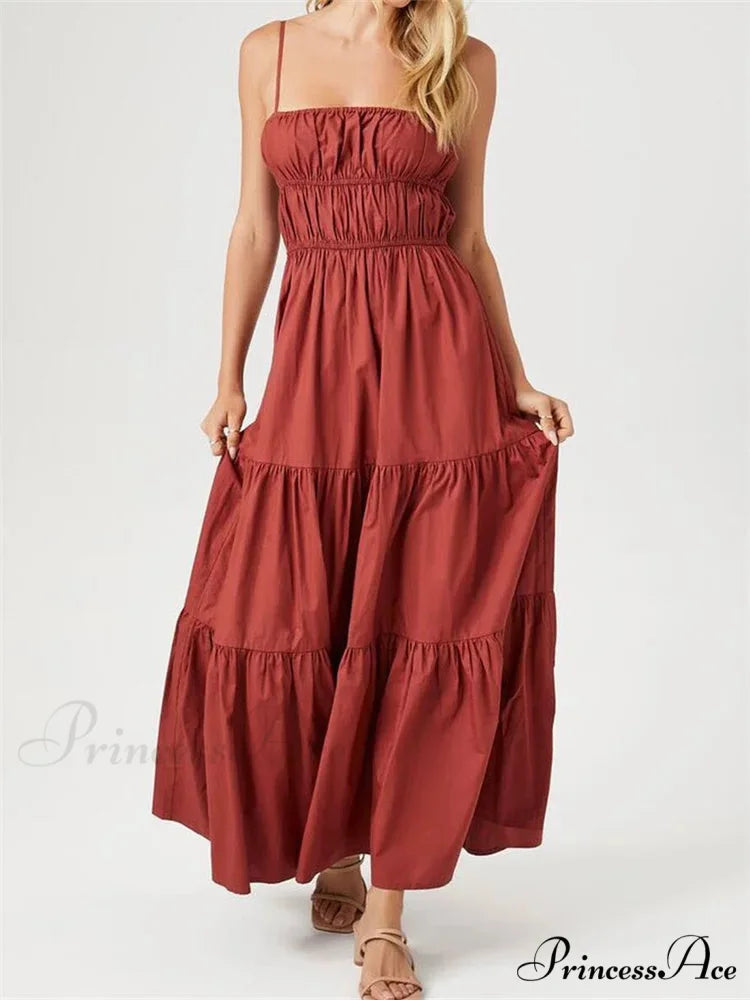 Vintage Sleeveless Strap Ruched Sling Women Low Cut Square Neck Solid Slim Party Club Vestidos RED / S