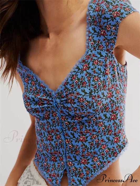 Vintage Slim Fit Floral Button V-neck Crop Top Beige / S croptop-250126