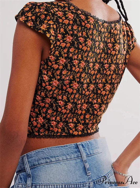 Vintage Slim Fit Floral Button V-neck Crop Top croptop-250126