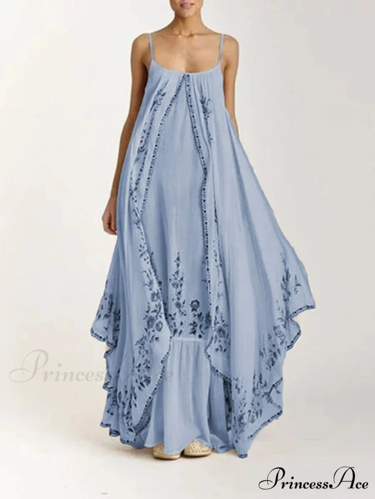 Vintage Spaghetti Strap Sleeveless Elegant Long Maxi Dress Light Blue / S