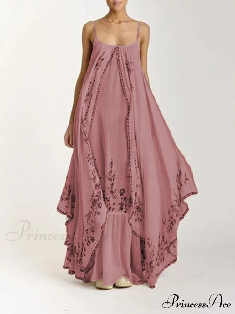 Vintage Spaghetti Strap Sleeveless Elegant Long Maxi Dress Pink / S