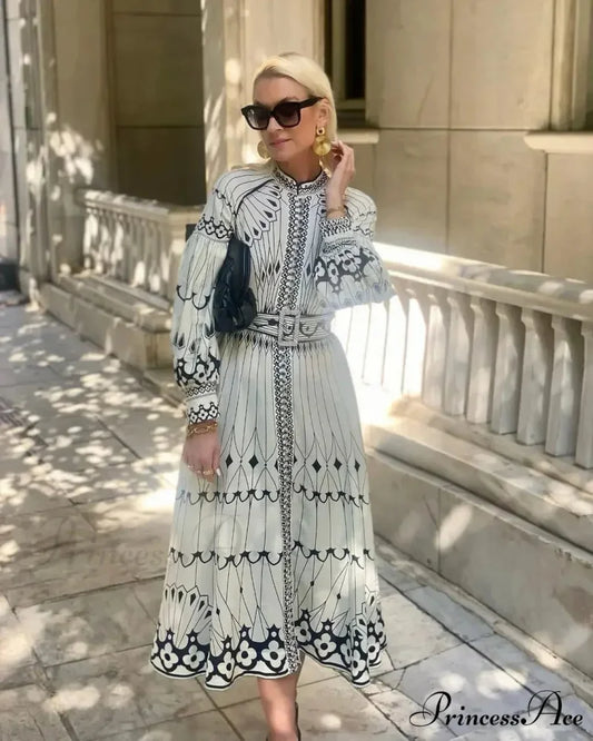 Vintage Stand Collar Cinched Bohemian Dress bohodress-250126