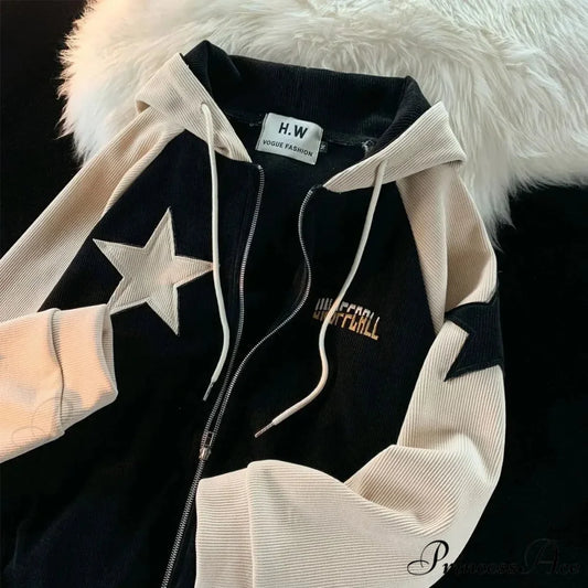 Vintage Star Patch Zipper Hoodie Black / M hoodies-241228