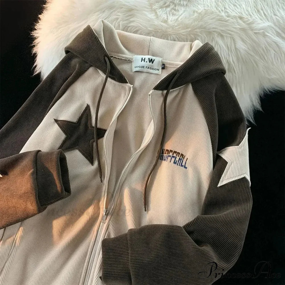 Vintage Star Patch Zipper Hoodie white / M hoodies-241228