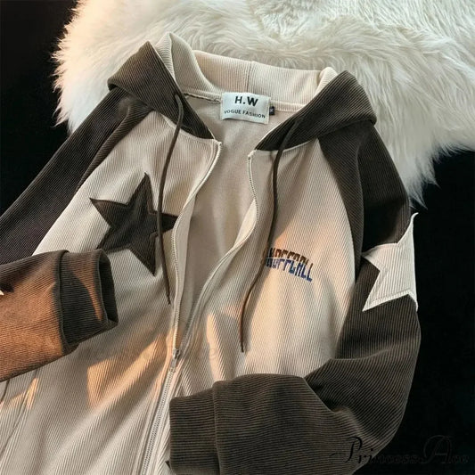 Vintage Star Patch Zipper Hoodie white / M hoodies-241228