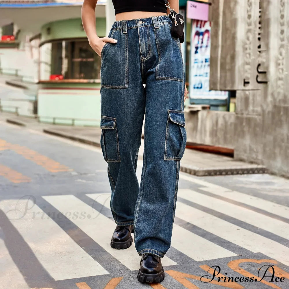 Vintage Streetwear High Waist Women American Fashion Blue Wide Leg Trouser Female Baggy Straight Denim Jean