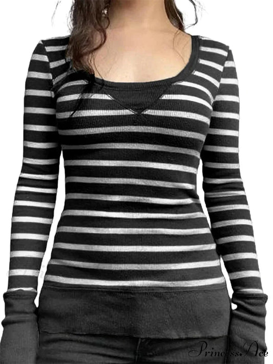Vintage Striped Print Knitted Long Sleeve Slim Fit T-shirts BLACK / S