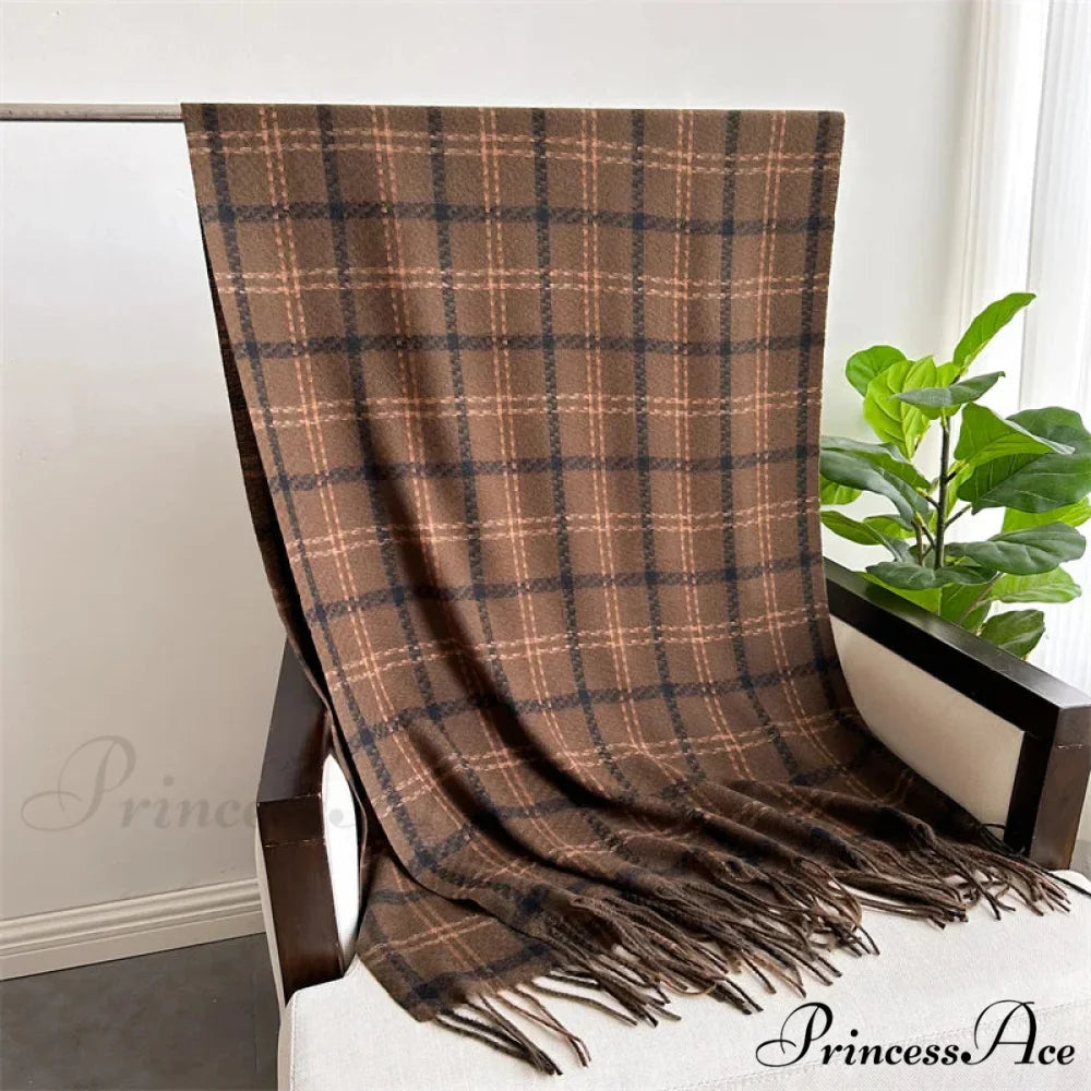 Vintage Style Cashmere Plaid Scarf - Unisex Winter Shawl Wrap BROWN