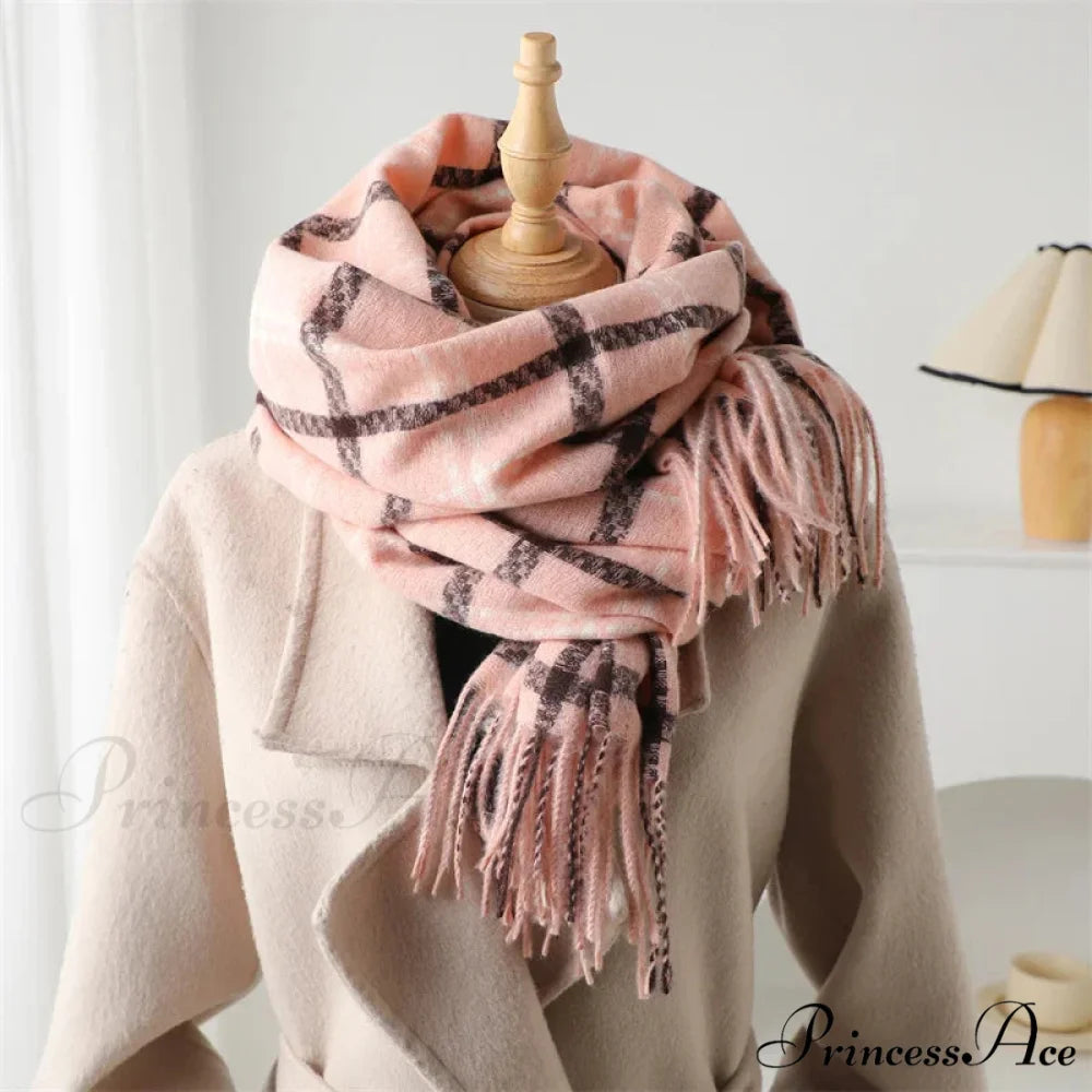 Vintage Style Cashmere Plaid Scarf - Unisex Winter Shawl Wrap PINK
