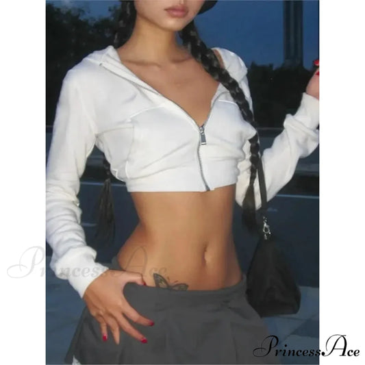 Vintage Stylish Basic Zipper Hooded Hoodie White / S