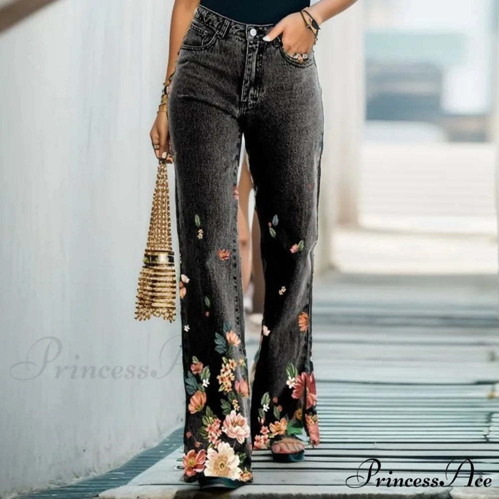 Vintage Summer Roman Rose Floral Print Casual Denim-Like Jeans Yellow / S