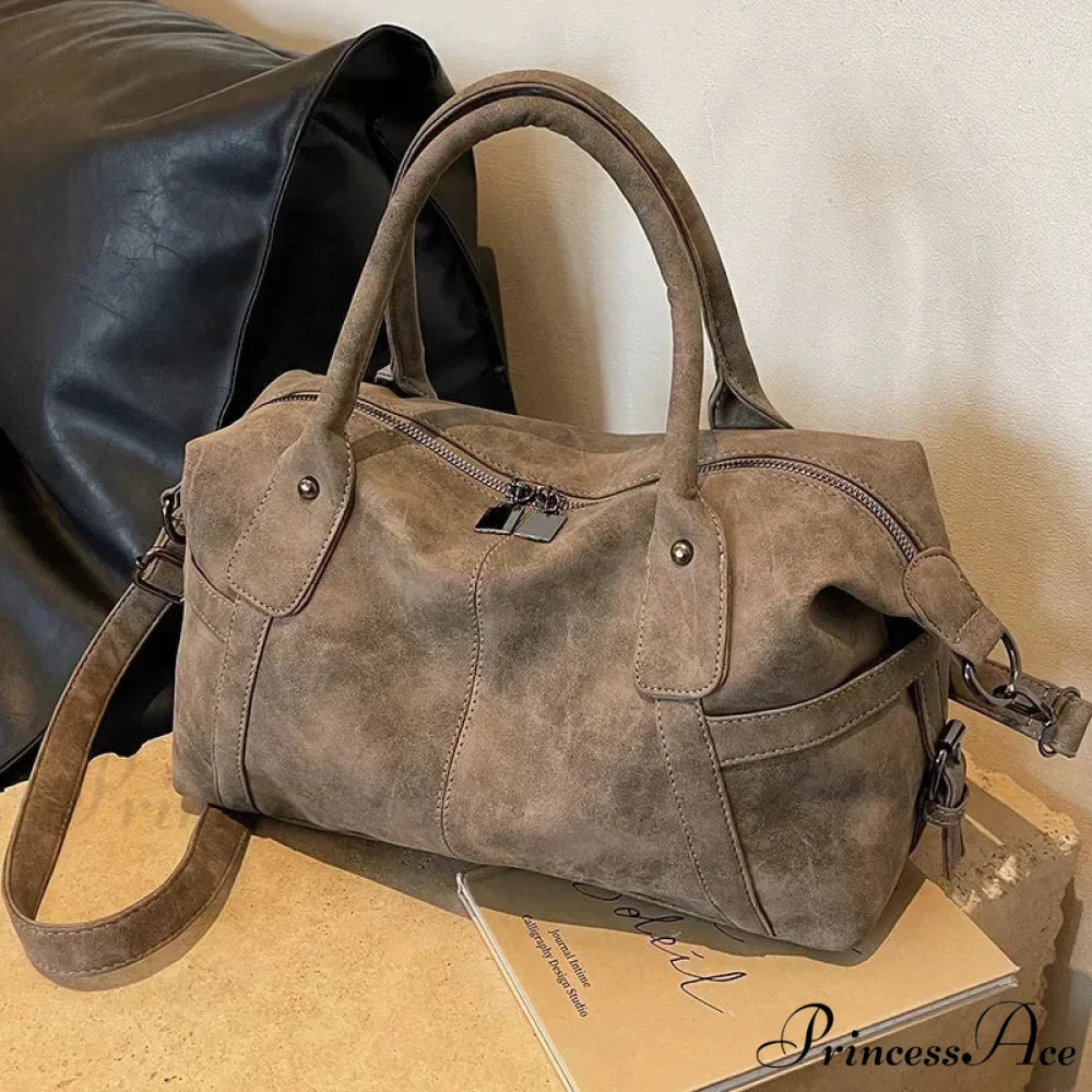 Vintage Synthetic Leather Shoulder Tote Large Capacity Crossbody Purse Khaki / 36cmx20cmx15cm handbag-250126
