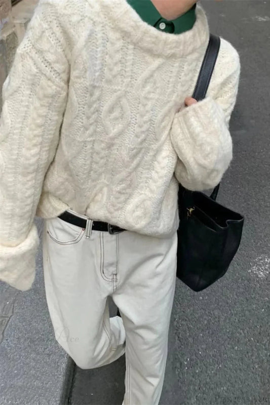 Vintage Thick Yarn Cable Loose Crew Neck Sweater