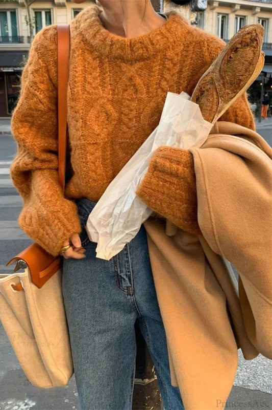 Vintage Thick Yarn Cable Loose Crew Neck Sweater