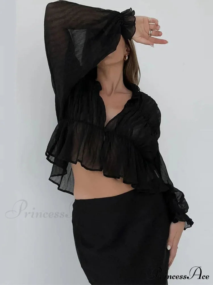 Vintage Transparent Mesh Lantern Sleeve Top blouse-250223