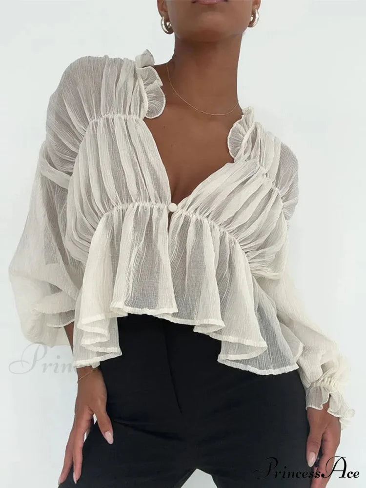 Vintage Transparent Mesh Lantern Sleeve Top Ivory / S blouse-250223