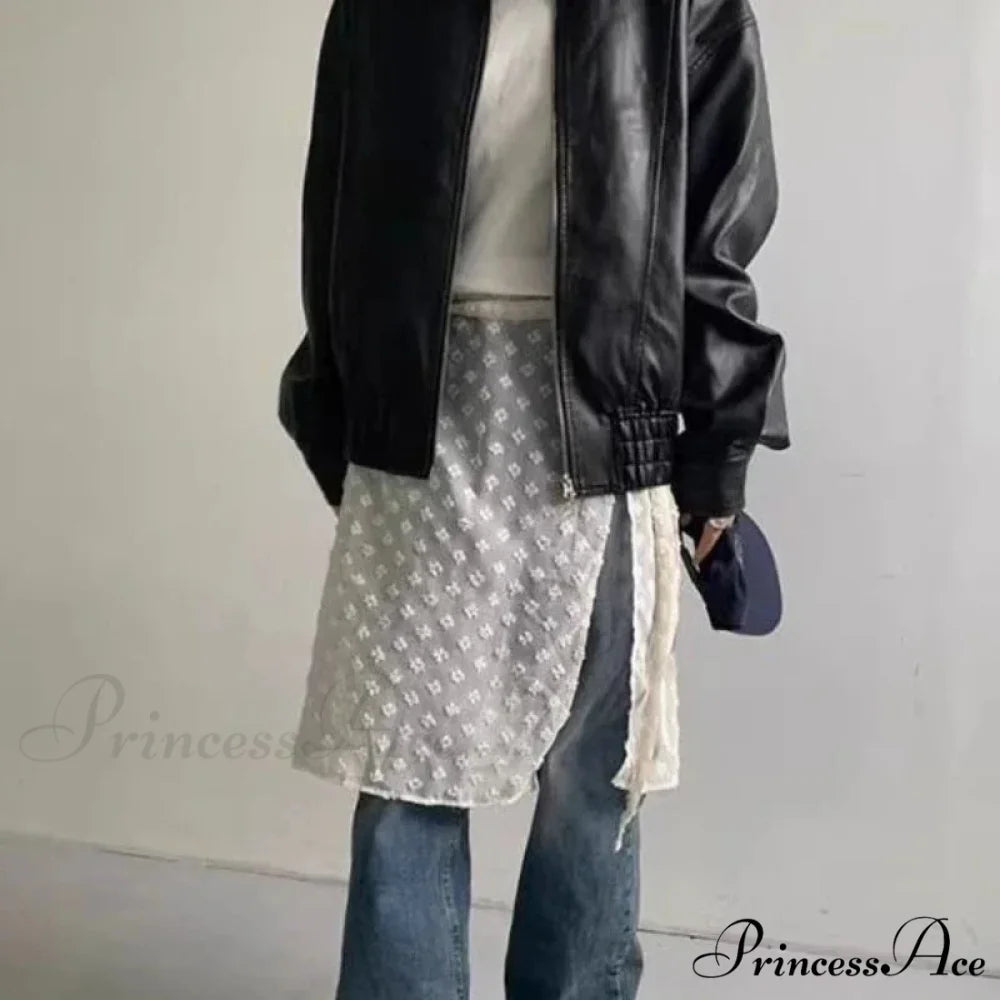 Vintage Tulle Lace Up Flower Mesh Overlay Casual Skirt White / One Size