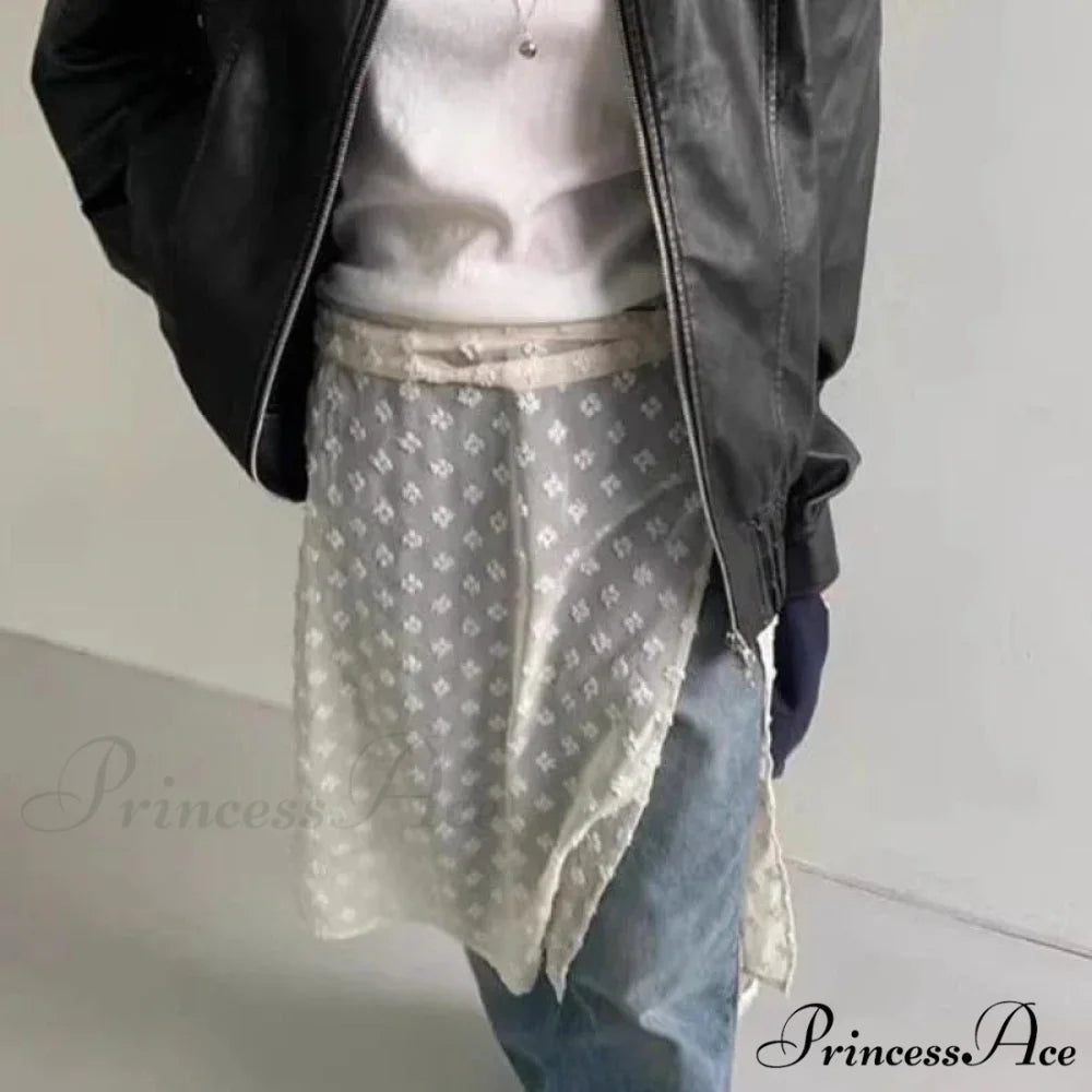 Vintage Tulle Lace Up Flower Mesh Overlay Casual Skirt White / One Size