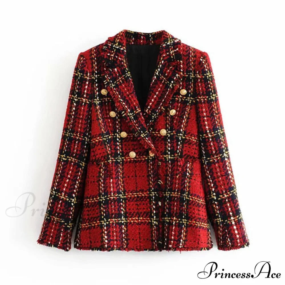 Vintage Tweed Office Ladies Chic Slim Blazers New Red / XS