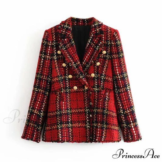 Vintage Tweed Office Ladies Chic Slim Blazers New Red / XS