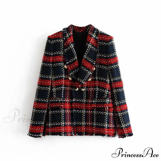 Vintage Tweed Office Ladies Chic Slim Blazers red / XS