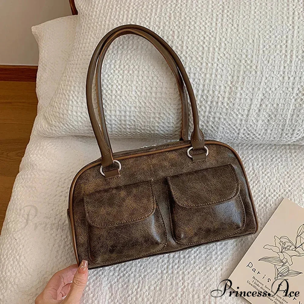 Vintage Twin Pockets Petite Shoulder Bag Coffee shoulder-250126