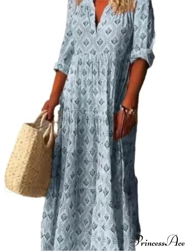 Vintage V-neck Flower Printed Maxi Boho Dress