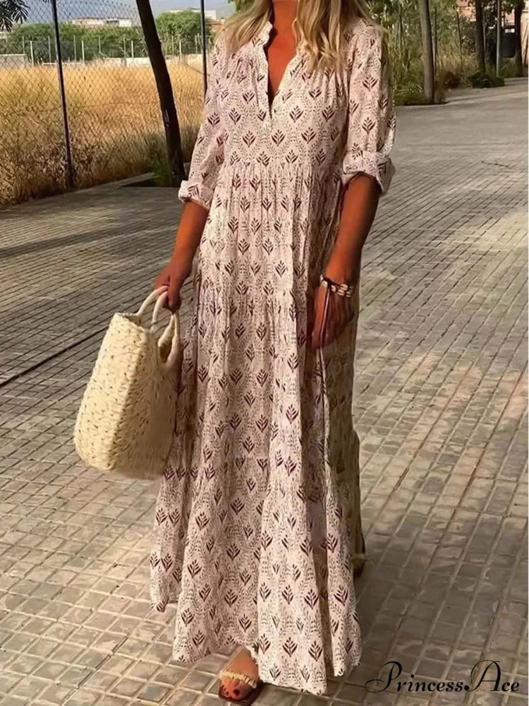 Vintage V-neck Flower Printed Maxi Boho Dress Pink / S