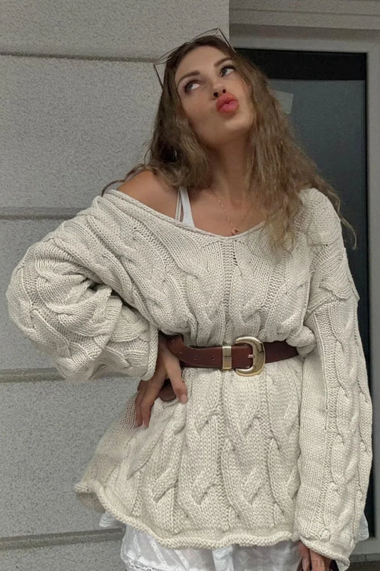 Vintage V-neck Loose Mid-length Cable Knit Long Sleeve Sweater