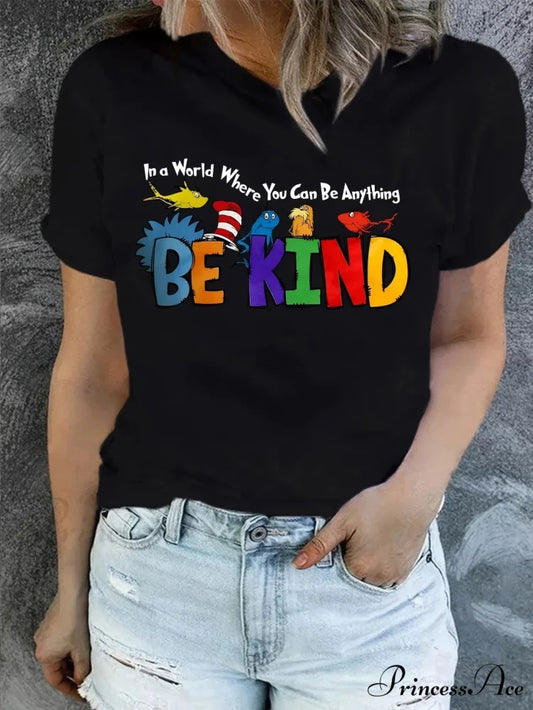 Vintage Valentines Be Print Summer & Spring Casual Short Sleeve Crew Neck Women’s Clothing T-shirt YJ069A black / S