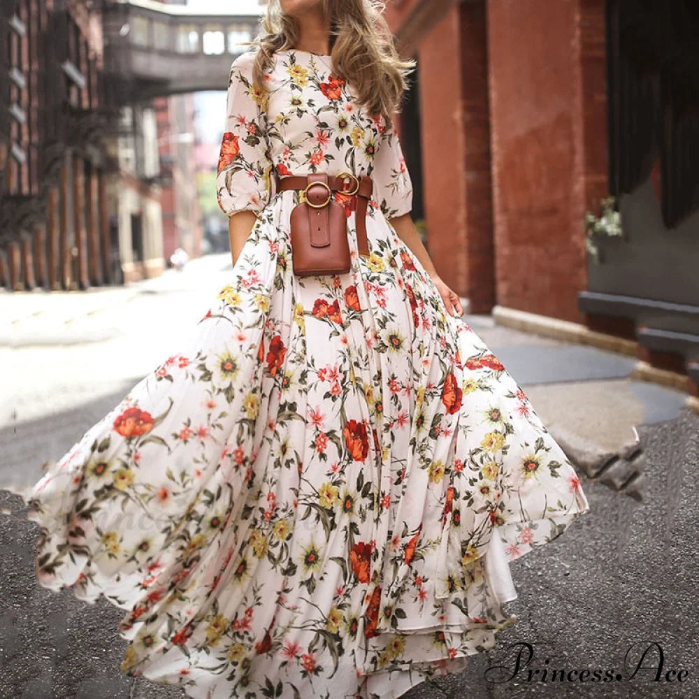 Vintage Warm-Season Printing Gown Flowered Long Fashion Elegant Three Party Quarter O-Neck Arm Streetwear 01 Print / S