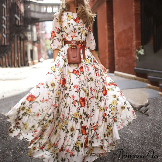 Vintage Warm-Season Printing Gown Flowered Long Fashion Elegant Three Party Quarter O-Neck Arm Streetwear 01 Print / S
